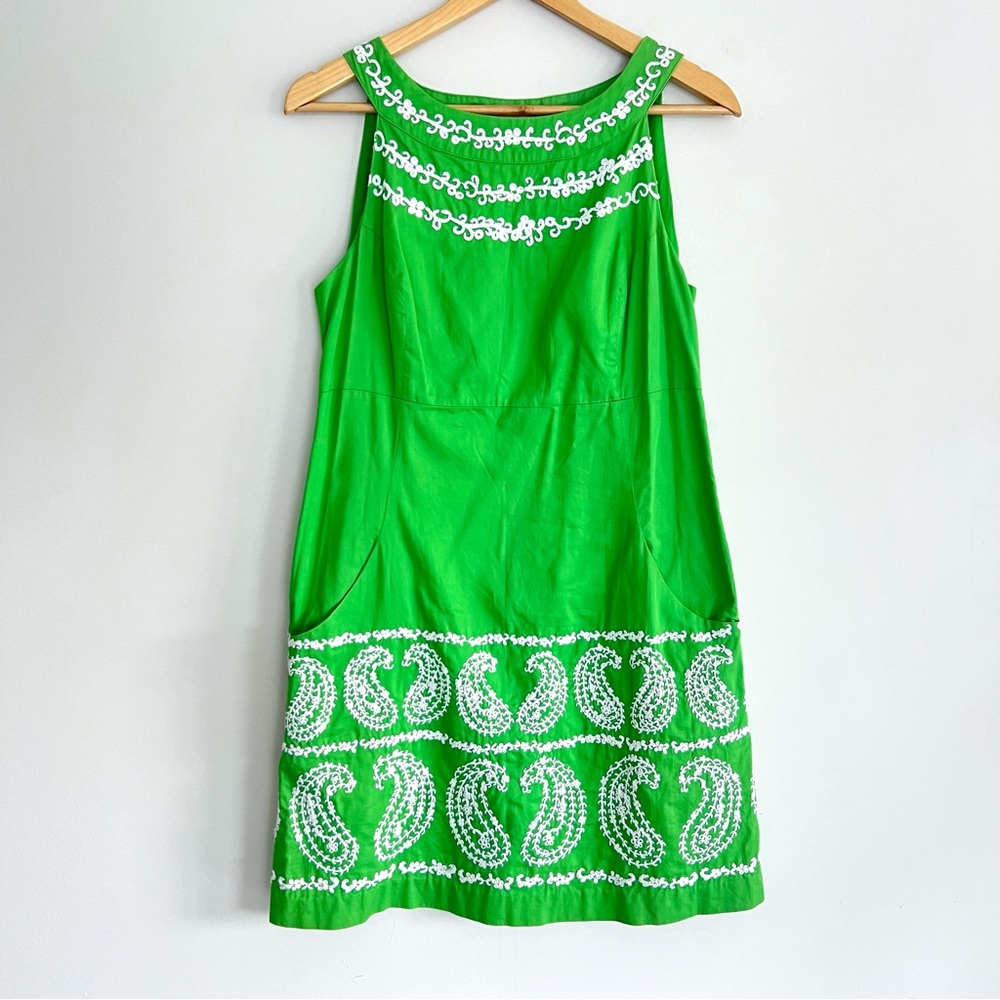 LILLY PULITZER Green Cotton White Paisley Embroidery Classy Mini Dress Sz 10